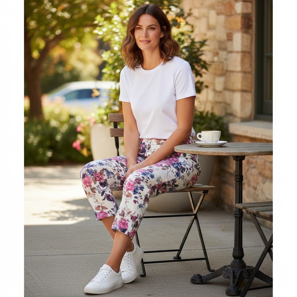 St John's Bay Women's 12‎ Capri Pants White Floral Mid Rise Slimming (32" Waist)